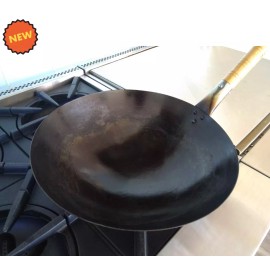 Town 14" Heavy Duty Mandarin Wok Silver Carbon Steel Round with Wooden Handle NEW