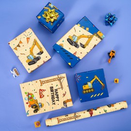 WERNNSAI Construction Wrapping Paper Roll - 1 Roll 17” x 33 ft Construction Gift Wrapping Paper for Kids Boys Birthday Wrapping Paper Tractor Truck Party Wrap Supply, Reversible Yellow & Blue