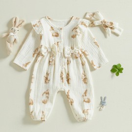 MAHUAOYIXI 2Pcs Infant Baby Girls Easter Romper Dress Newborn Baby Girls' Bodysuits Long Sleeve Carrot/Bunny Print Ruffled Full Length Jumpsuit with Bow Headband for Baby Girl (White, 3-6 Months)