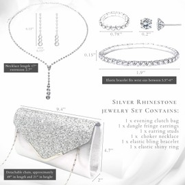 FABMODE 6Pcs Silver Evening Clutch Purse for Women with Rhinestone Jewelry Set Weddings Proms Gift