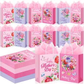 Kolldenn 100 Pcs Mother's Day Gift Bags Bulk Floral Happy Mothers Day Tissue Papers Floral Paper Bags with Handle for Mom Grandma Wife Mother's Day Gift Wrapping Supplies