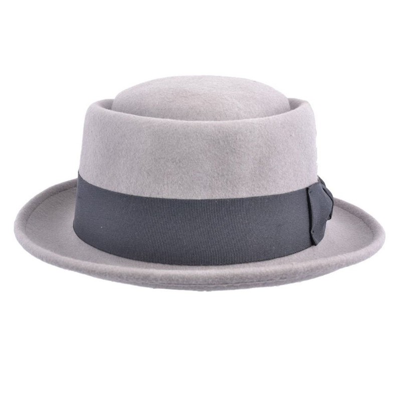 Crushable Wool Felt Round Pork Pie Hat (Medium, Grey)