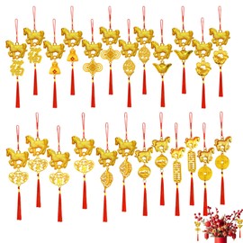 24 Pcs Chinese New Year Decorations Year of The Horse 2026 Chinese Knot Tassel Lucky Charm Feng Shui Hanging Pendants for Lunar New Year Wealth Success Good Luck Home Kitchen Bonsai Car Decor