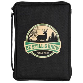 TD Fabric Bible Case in Black with Deer 'Be Still & Know' Print Size A4 A5 A3 Book Cover with Zipper Closure for ProtectionColor: BLK/BEI/GRN