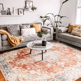 MUJOO 8'x10' Area Rugs for Living Room Large Area Rug Washable Rugs Boho Area Rug 8'x10' for Bedroom Non Slip Abstract Soft Low-Pile Orange Navy Blue Area Rug Floral