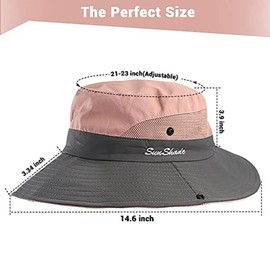Caysep Women's Sun Hat with Ponytail-Hole Outdoor Mesh Wide-Brim Beach Fishing Hat UV-Protection-Foldable Bucket Hat (as8, Alpha, one_Size, Pink, Medium)