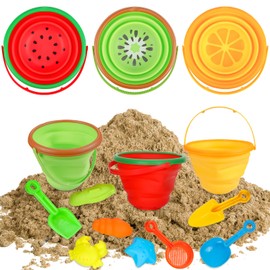 Beach Sand Toys Set for Kids, Silicone Collapsible Foldable Beach Bucket Travel Beach Toys for Summer Outdoor Camping and Fishing Tub with Sand Molds Shovels Rakes for Toddlers Boys Girls 2.5L 3PCS