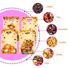 CUUSNNY 60 Pcs Fall Plastic Goodie Bags with Handles —Thanksgiving Treat Bags,Autumn Pumpkin Truck Scarecrow Maple Leaves Candy Favor Bags for Thanksgiving Harvest Party Supplies