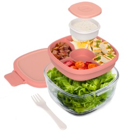 Bentgo Glass All-in-One Salad Container - Large 61-oz Salad Bowl with Lid, 4-Compartment Bento-Style Tray, 3-oz Sauce Container, and Reusable Fork - Dishwasher, Microwave, and Oven Safe (Coral)