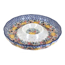 Blue Rose Polish Pottery - Brown Harvest Bounty Chip & Dip - 12" Diameter - Great for Birthday Parties, Baby Showers, & Superbowl Parties