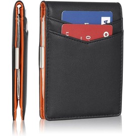 Minimalist Wallet for Men and Women - RFID Blocking  Slim Wallet with 12 Credit Card Slots,  clip (Matte Black & Orange) - Color: Carbon Black & Carbon Black