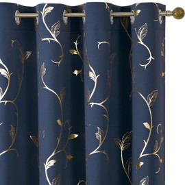 BUHUA Blackout Curtains 72 Inches Long, Gold Foil Print Pattern Room Darkening Curtain, Living Room Curtains & Drapes, Thermal Insulated Window Panel Set, 52 x 72 Inch, Navy Blue