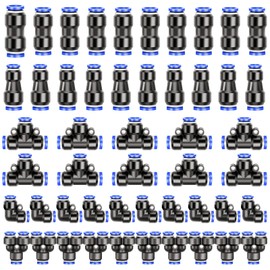 Nadisean Pack of 50 Pneumatic Connectors with Box, 8 mm Push in Quick Coupling for Air Hoses, 5 Sizes Pneumatic Hose Kit, 8 mm Straight/Angle/T/Splitter Connection, 6-8 mm Reduction Connection