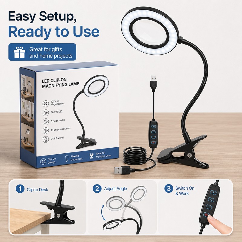 LED Magnifying Glass Lamp for Close Work – 5X/10X Lighted