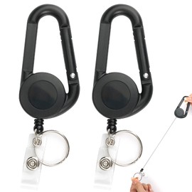 Pack of 2 Extendable ID Card Holders, Key Reel, Retractable Key Fob, Black, Carabiner with Keyring, Key Rings for Card Holder, ID, Keys, Buttons