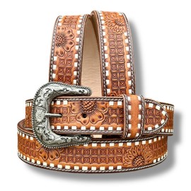 DANIEL'S ARTPLANET Western Leather Belt for Men Full Grain Leather Cowboy Belt with Buckle Engraved Tooled 1.5” Wide Handmade (Fits size 30 or 32 jeans)