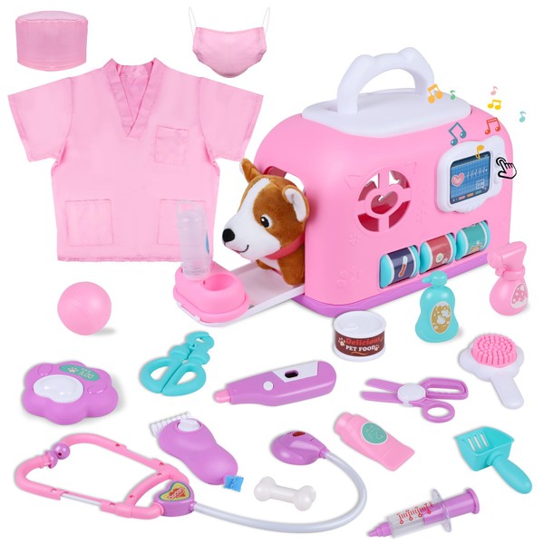Gifts2U Pet Care Cage Play Set, Vet Clinic and Doctor Kit for Kids with Dress Up Costume, Doctor Medical Pretend Role Play Dog Grooming Toys, Puppy Feeding Carrier Toy for Boys and Girls Ages 3-8