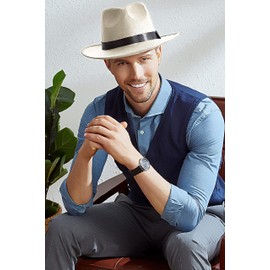 BABEYOND 1920s Gatsby Panama Fedora Hat Cap for Men Gatsby Hat for Men 1920s Mens Gatsby Costume Accessories Off-White