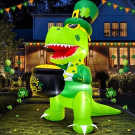 KOOY 5 FT St Patricks Inflatable Dinosaur Hold Gold Pot Outdoor Decor with Shamrock Hat, Saint Patricks Blow Up Inflatable Irish Decorations for Yard Holiday Party Blow Up Yard Decorations