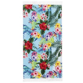 LINENOVA 100% Cotton Beach Towel -86x163cm Sand Free Beach Blanket Soft and Absorbent Towels for Swimming, Sports, Beach, Gym, Travel (Hibiscus Blue)