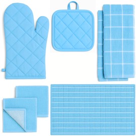 Oven Mitt and Pot Holder, Dish Towels, Microfiber Dish Drying Mat and Dish Cloths - 7 Piece Kitchen Linen Set by Osnell USA