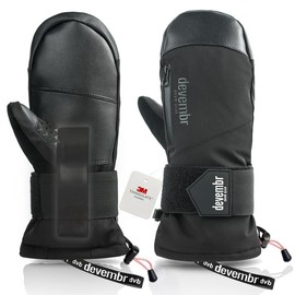 devembr Ski Mittens with Wrist Guards, Waterproof Snowboarding Mittens, Black, L