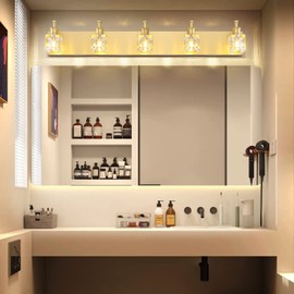 PRESDE Modern Crystal Vanity Light for Bathroom Gold 5 Light Bathroom Wall Light Fixtures Over Mirror(Exclude Bulb)