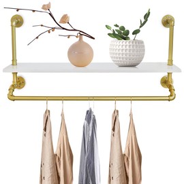 Kathring Wall Mounted Garment Rack, Industrial Pipe Multi-Purpose Hanging Rod with Shelves for Closet Storage, Gold, 39.3"x10"