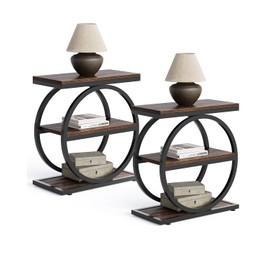 LITTLE TREE End Table Set 2, Side Table with 3 Tiers Shelves, Slim Sofa Side Table for Living Room, Tall Bedside Table Nightstand for Bedroom, Rustic Brown and Black