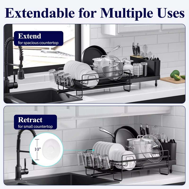 Kitsure Extendable Stainless Steel Dish Drying Rack with Drainboard Black