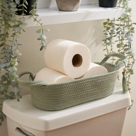 Decorative Toilet Paper Basket – Beautiful Bathroom Organizer for Toilet Tank Storage Decor – Boho Sage Green Cotton Rope Bin with Tassel for Bathroom Accessories and as Shelf Decor
