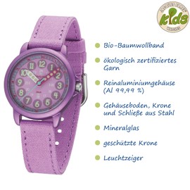 JACQUES FAREL Educational Watch Eco Children's Watch Girls Analogue Quartz with Textile Strap Made of Organic Cotton Purple Sustainable ORGT 1112, Purple, Strap.