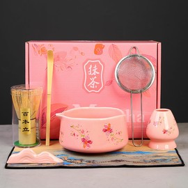 Matcha Set 7-Piece Japanese Tea Ceremony Kit with Ceramic Bowl, Bamboo Whisk & Holder, 1 Scoops, Strainer, Tea Cloth Pink gift box (pink)