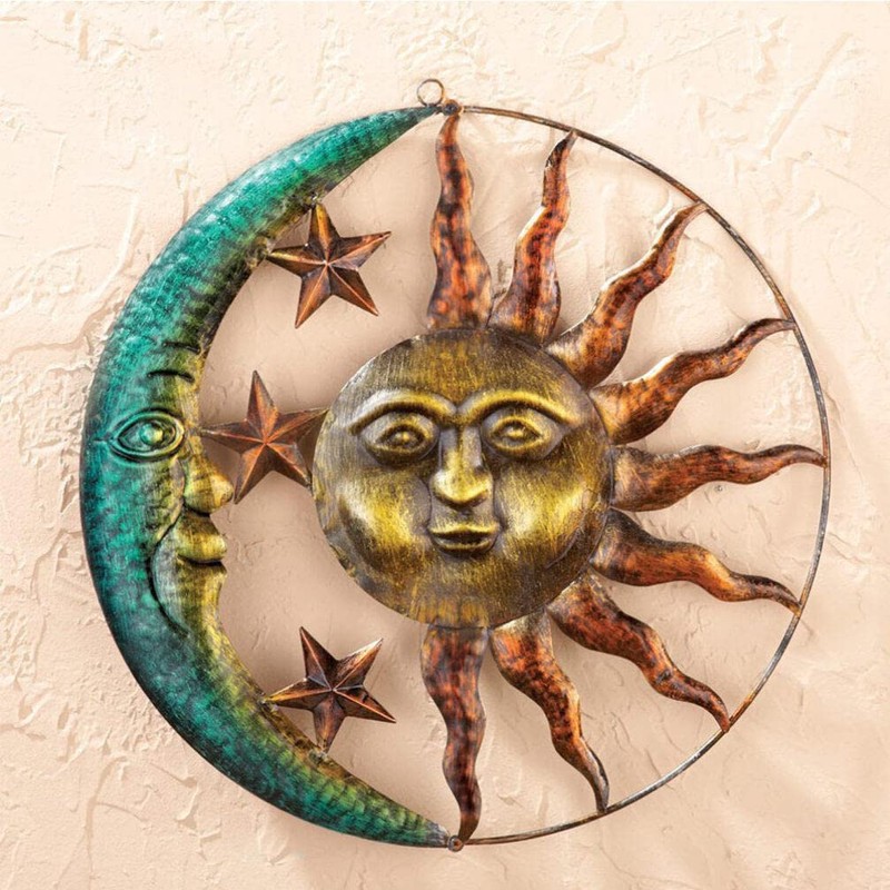 HOMSFOU Sun and Moon Metal Wall Decor 29cm Moon Sun