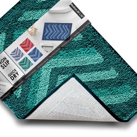 Clara Clark Bathroom Rugs, Shaggy Plush Bath Mat, Ultra Soft Bathroom Mat, Non Slip Backing Rubber, Chevron Design Bath Rugs, 20 x 32, Green