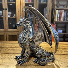 HEINBOW Steampunk Dragon Statue Gothic Retro Mechanical Gear Sitting Dragon Metallic Look Resin Sculpture for Home Man Cave Decor 12'' High