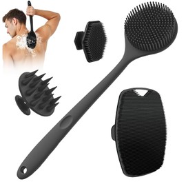 Set de 4 Cepillos Corporales de Silicona para Baño:Cepillo de Espalda de Mango Largo, Cepillo Corto, Cepillo para Lavar el Cabello y Cepillo para la Cara, Herramientas de Exfoliación y Masaje Antideslizante (A)