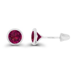 Solid 14K White Gold 6mm Round Created Red Ruby July Birthstone Bezel Screw Back Stud Earrings