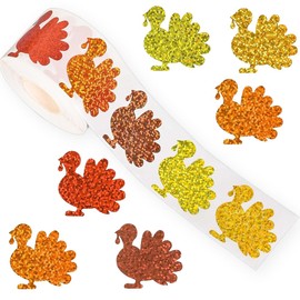 RUPOFUZA 500Pcs Fall Thanksgiving Stickers 1.2in Sparkly Laser Turkey Stickers Roll 5 Colors Turkey Label Tag Self-Adhesive Waterproof Decals for Envelope Journal Decor Supplies