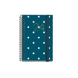 Miquelrius - 2024 Year to View Diary Caddy 80x120mm Hardback Spiral Bound Rubber Closure Catalan, English & Portuguese Dots Gold Stamped