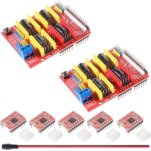 Youmile 2pcs CNC Shield Expansion Board V3.0 Board 3D Printer CNC Drive Extension Board + 5pcs A4988 Stepper Motor Driver with Heat Sink,DC Female Cable