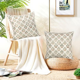 UXORSN 2 Packs Outdoor Waterproof Throw Pillow Covers 18x18 Brown Green Block Print Pillowcase Vintage Floral Cushion Covers Linen Boho Farmhouse Pillow Cases for Patio Garden Bedroom Living Room