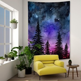 Mountain Forest Tapestry, Purple Starry Sky Galaxy Watercolor Fir Tree Landscape Art Wall Hanging Nature Scenery Large Long Tapestry Aesthetic Vertical for Bedroom Backdrop Wall Decoration 40×60 inch