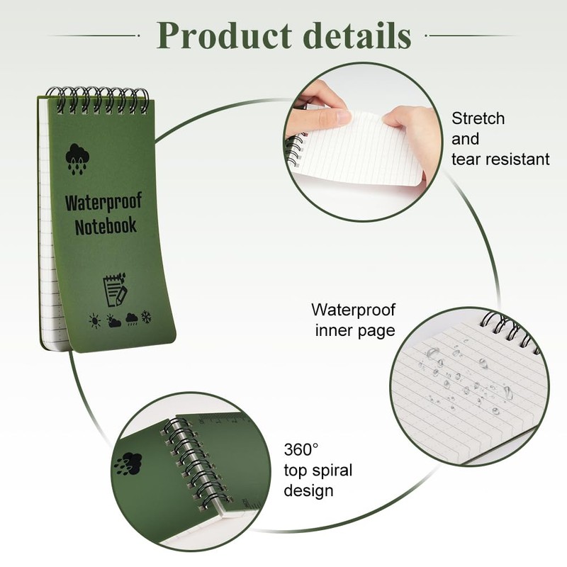 OSDUE Waterproof Paper Pocket Notebook 5 Pack (with a pen),