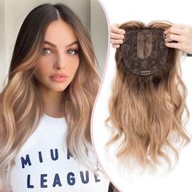 S-noilite Hair Toppers for Women 18 inch Synthetic Hair Pieces Lace Base 4 Clips in Wiglets Fringe for Ladies with Thinning Hair Loss Hairpiece Wigs,Curly Wavy Brown Mixed Blonde to White Root