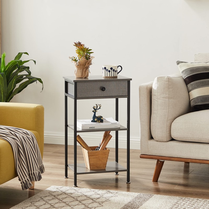 VECELO Tall End Side Table,Nightstand with Adjustable Shelf and Bin