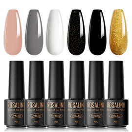 ROSALIND Semi-Permanent Nail Polish, 6 Colors Mini Nude White Gray Black Gold Semi-Permanent Nail Polish, Soak Off UV/LED Lamp Nail Polish DIY Manicure Nail Art Set