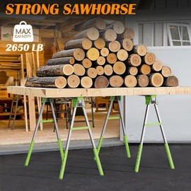 Adjustable Height Sawhorse 2 Pack, Folding Portable Saw Horses with 30-34 inch Adjustable Legs, Heavy Duty Steel Pro Bench Saw Horse for Woodworking, Carpenters, Contractors, Fully Assembled (green)
