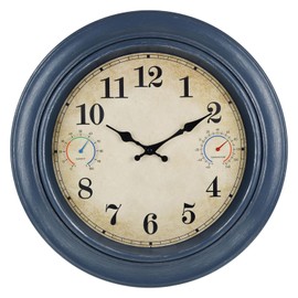 Alarllok 18 Inch Large Outdoor Clock with Thermometer and Hygrometer Combo, Retro Vintage Waterproof Indoor Outdoor Wall Clocks for Patio Pool Garden Living Room Home Decor- Blue
