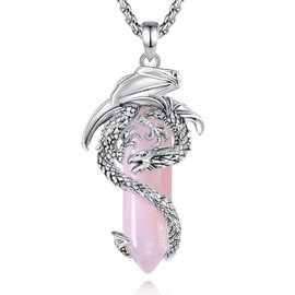 EUDORA Vintage Dragon Rose Quartz Necklace for Women Men, Silver Plated Copper Viking Dragon Rose Quartz Pendant Amulet Energy Gothic Jewelry, Gift for Women Men Dad Mother Mom, Chain 20" +24"
